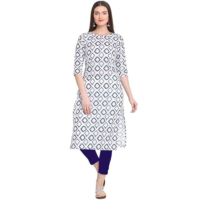 Women's White Cotton Straight Calf Length Block Printed Kurti