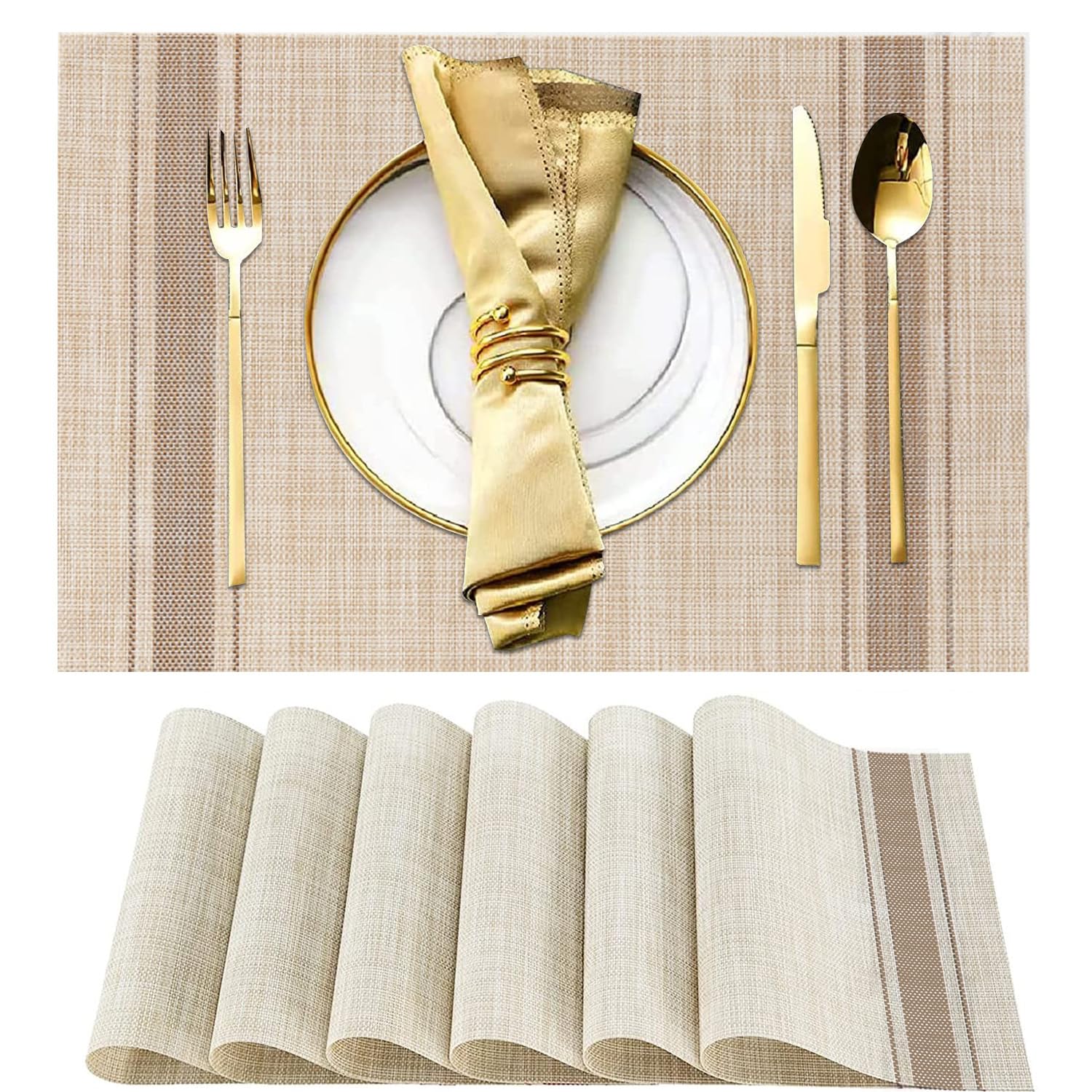WUBAYI Placemats, Set of 6 Table Mats Heat Resistant Stain Resistant Non-Slip Woven Vinyl Insulation Placemats, Washable Durable Elegant Table Mats for Kitchen Dinning Restaurant(Beige Coffee)
