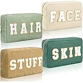 Pinkunn 4 Pcs Preppy Makeup Bags Chenille Letter Travel Organizer Face Skin Hair Stuff Corduroy Cosmetic Hygiene Toiletry Pouch with Zipper Wedding Birthday Gifts for Women(Sage Green Series Color)