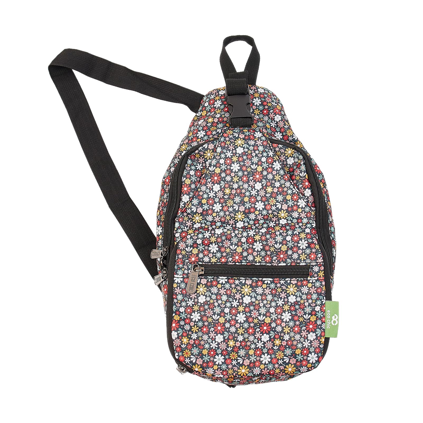 Eco Chic Lightweight Foldable Crossbody Bag Recycled Plastic Shoulder Backpack Folds Into Pouch for Storage (Ditsy Black)