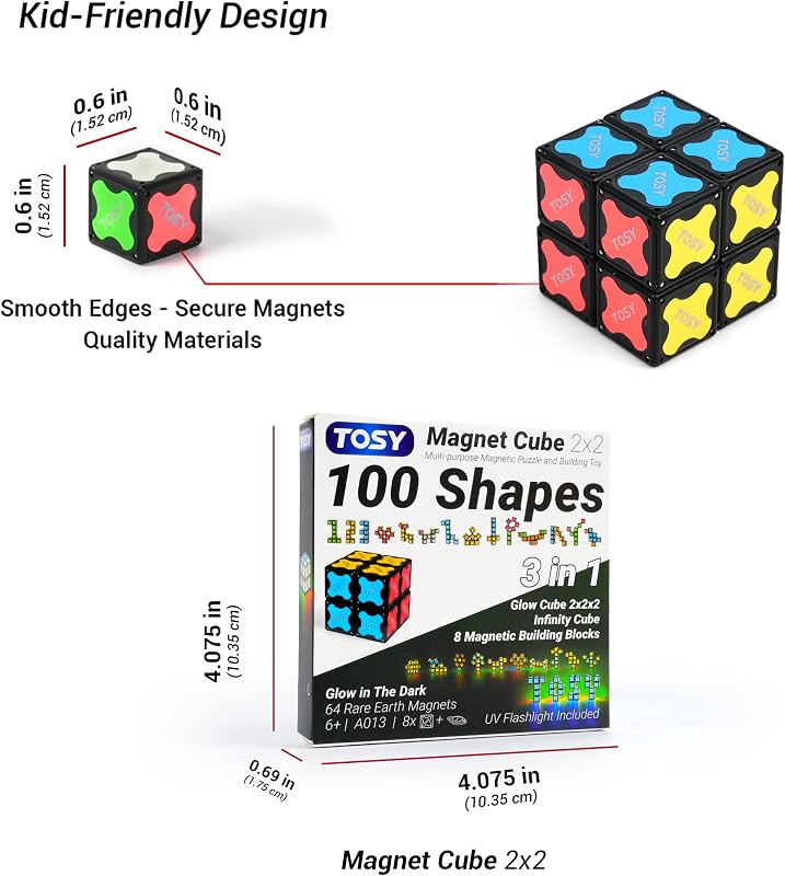 Cubo Íman 2x2 - 8 Blocos, 2 em 1 Brinquedo: Puzzle Magnético e Cubo Infinito Personalizável, Brilha com luz UV, incluindo lanterna UV, Presente de aniversário, Brinquedo sensorial/Stem