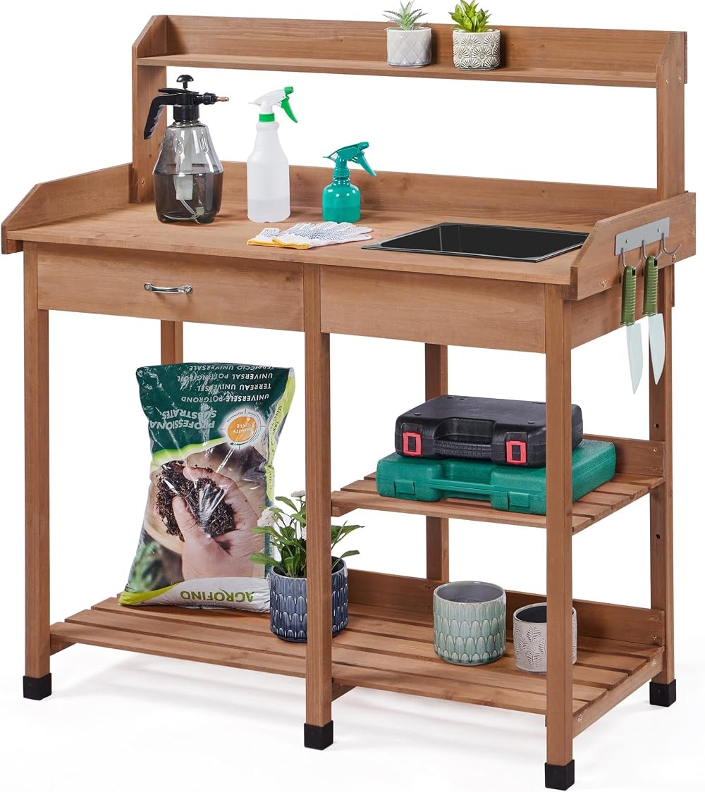 Yaheetech Garden Potting Table Wood Potting Bench Removable Sink Brown