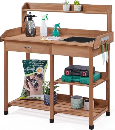 Yaheetech Garden Potting Table Wood Potting Bench Removable Sink Brown