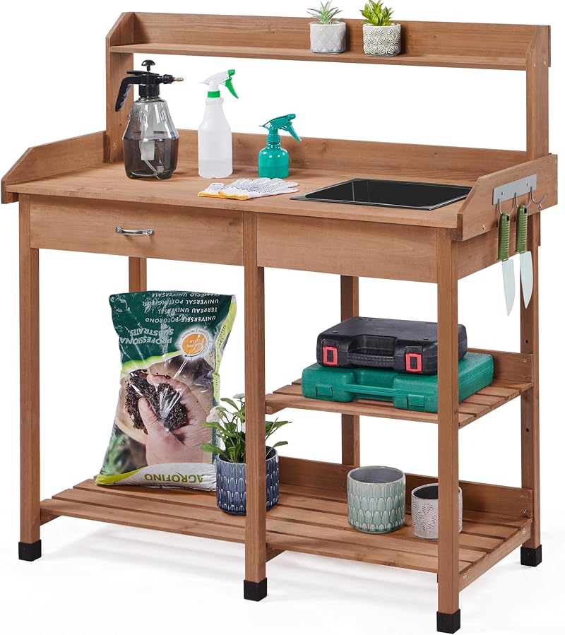 Yaheetech Garden Potting Table Wood Potting Bench Removable Sink Brown