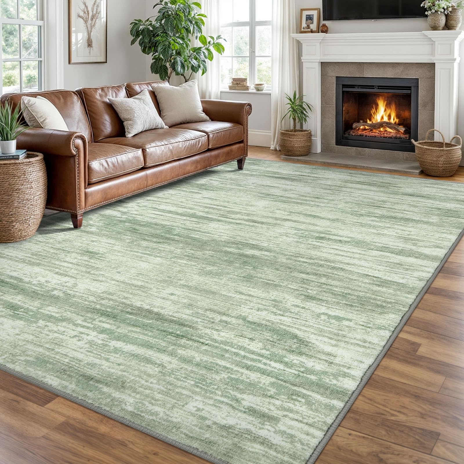 SIILOOM 8x10 Modern Abstract Area Rug for Bedroom, Lime Green Large Super Soft Washable Rugs with Non-Slip, Non-Shedding Carpet for Living Room, Indoor Door Mat for Office Home Décor Image