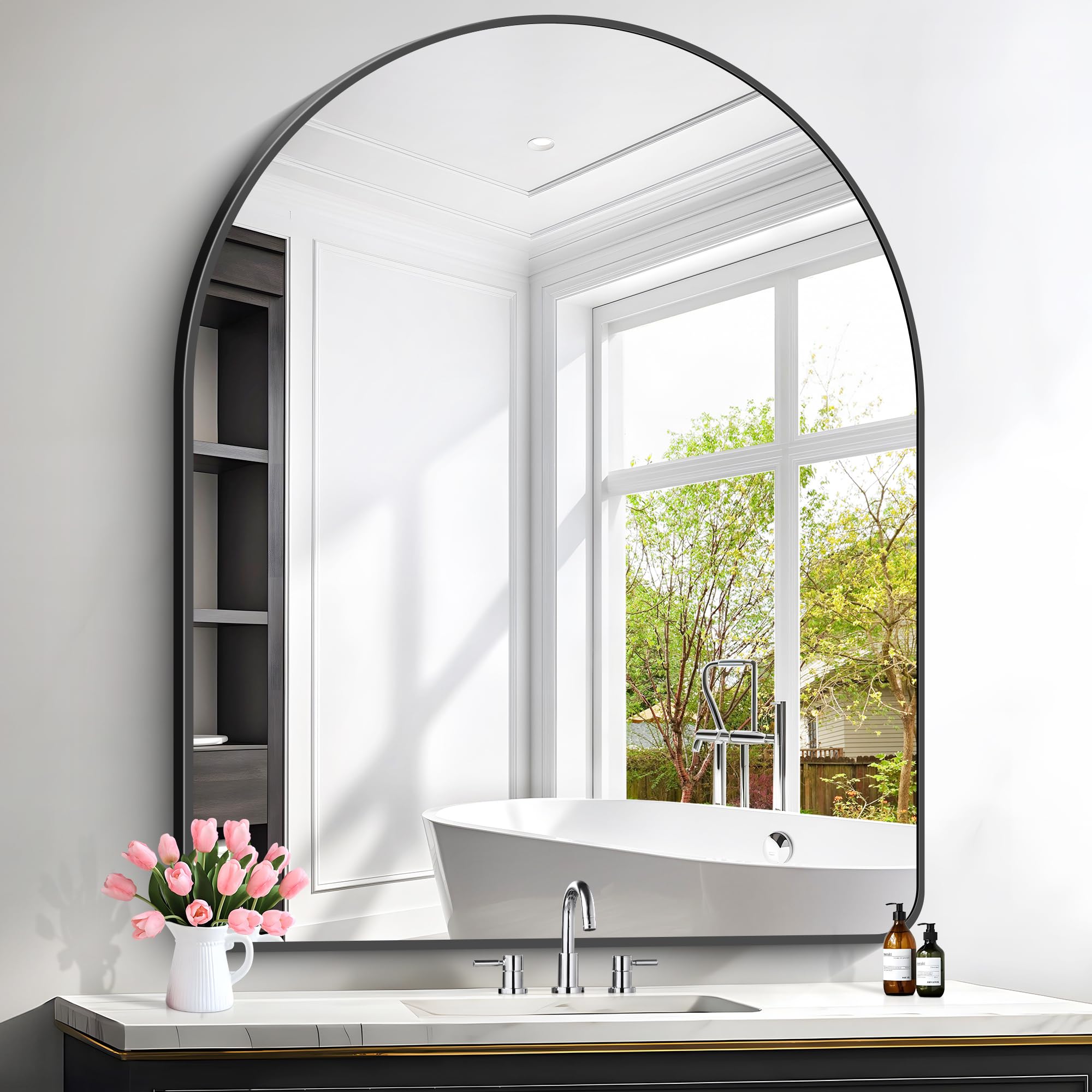 Photo 1 of FORBATH Arched Wall Mirror 40"x48", Large Arch Bathroom Mirror Black Aluminum Wide Frame for Decor Dresser Mirror for Bedroom Living Room Entryway, Hanging or Leaning Against Wall