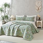 QSH 100% Cotton Quilt Oversized King Set (118"x106")-3Pcs Green Floral Quilt California King Summer Flower Bird Butterfly Printed Bedspread Coverlet Soft Lightweight Bedding Set for All Seasons