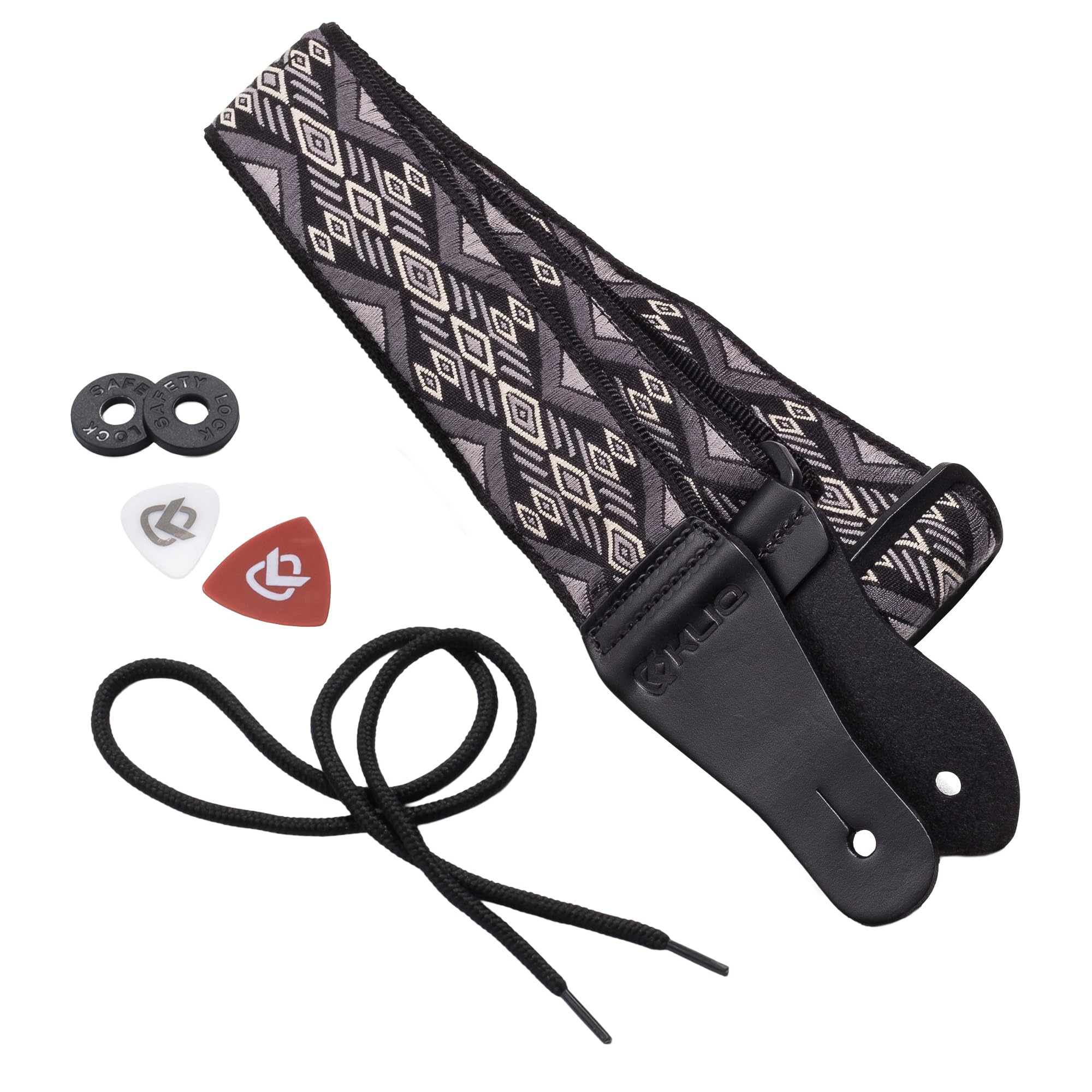 KLIQ Vintage Woven Guitar Strap for Acoustic and Electric Guitars + 2 Rubber Strap Locks, 2 Guitar Picks and 1 Lace | '60s Jacquard Weave Hootenanny Style | Aztec Gray