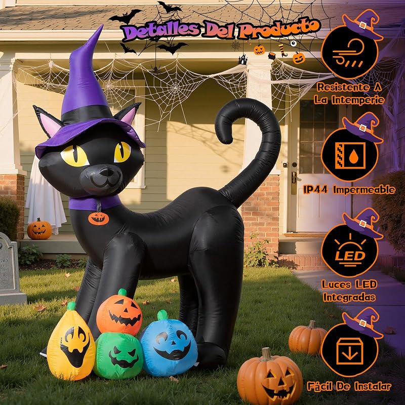 180CM Hinchable Decoracion Halloween Gato Negro Mágico con LED Incorporadas y Estacas y Correas, Calabazas Decoracion Halloween Exterior para Césped Jardín Festival Fiesta Decoración — foto 4 de 8