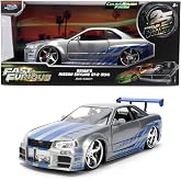 Jada Toys Fast &amp; Furious 1:24 Scale Anniversary Edition 2002 Nissan Skyline GT-R (BNR34) Die-Cast Car with Brush Metal Finish &ndash; Collector Hobby Exclusive