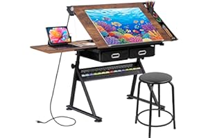 JupiterForce Drafting Table Art Desk w/Power Outlet and Stool, Adjustable Tilting Drawing Table Artist Desk with 2 Storage Drawers, Art Craft Work Station for Home Office Working, Writing, Crafting