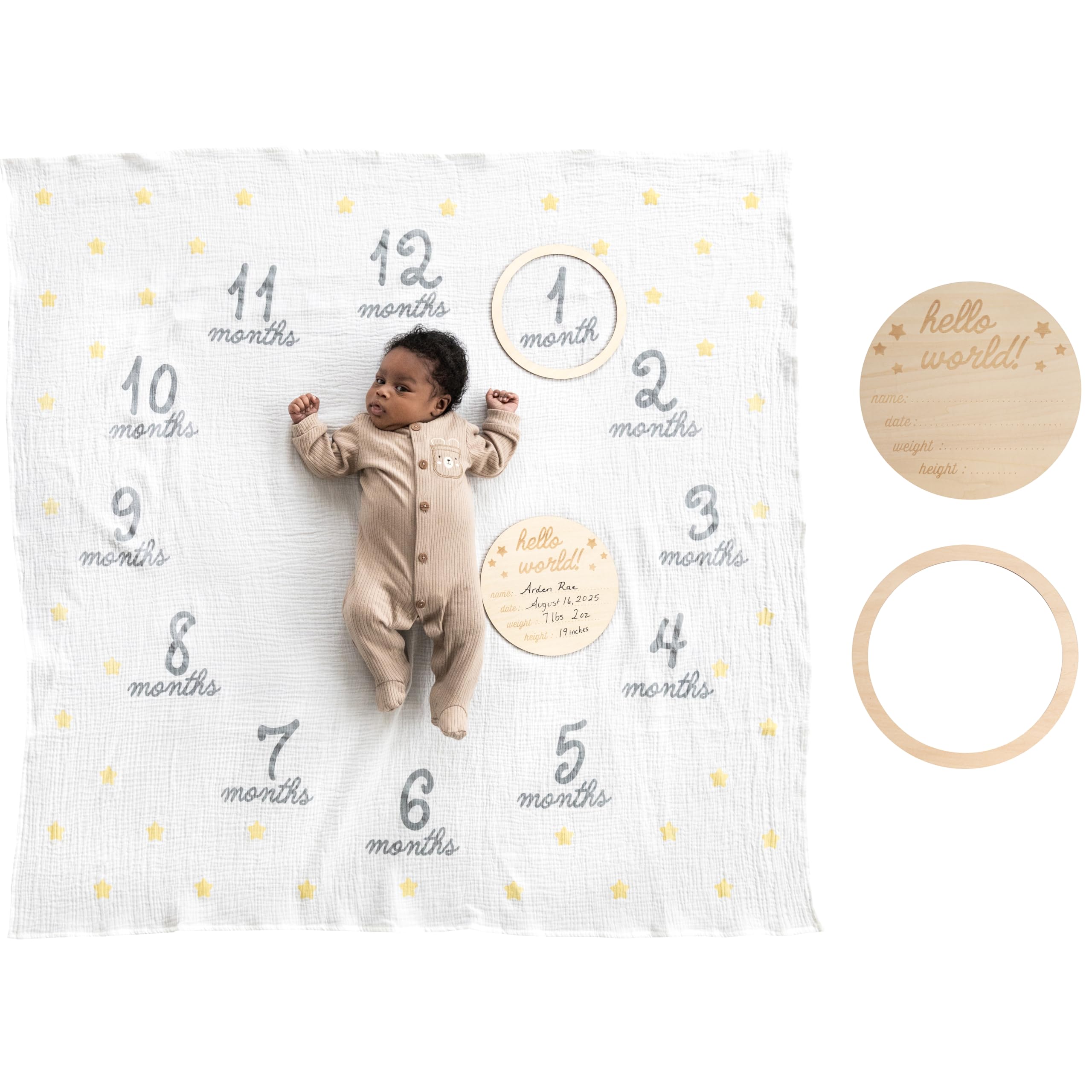 Photo 1 of Pearhead Hello World Milestone Blanket and Prop, Baby Monthly Milestone Updates, Growth Blanket with Photo Posing Props, Ideal, Perfect Newborn Gift and Nursery Decor