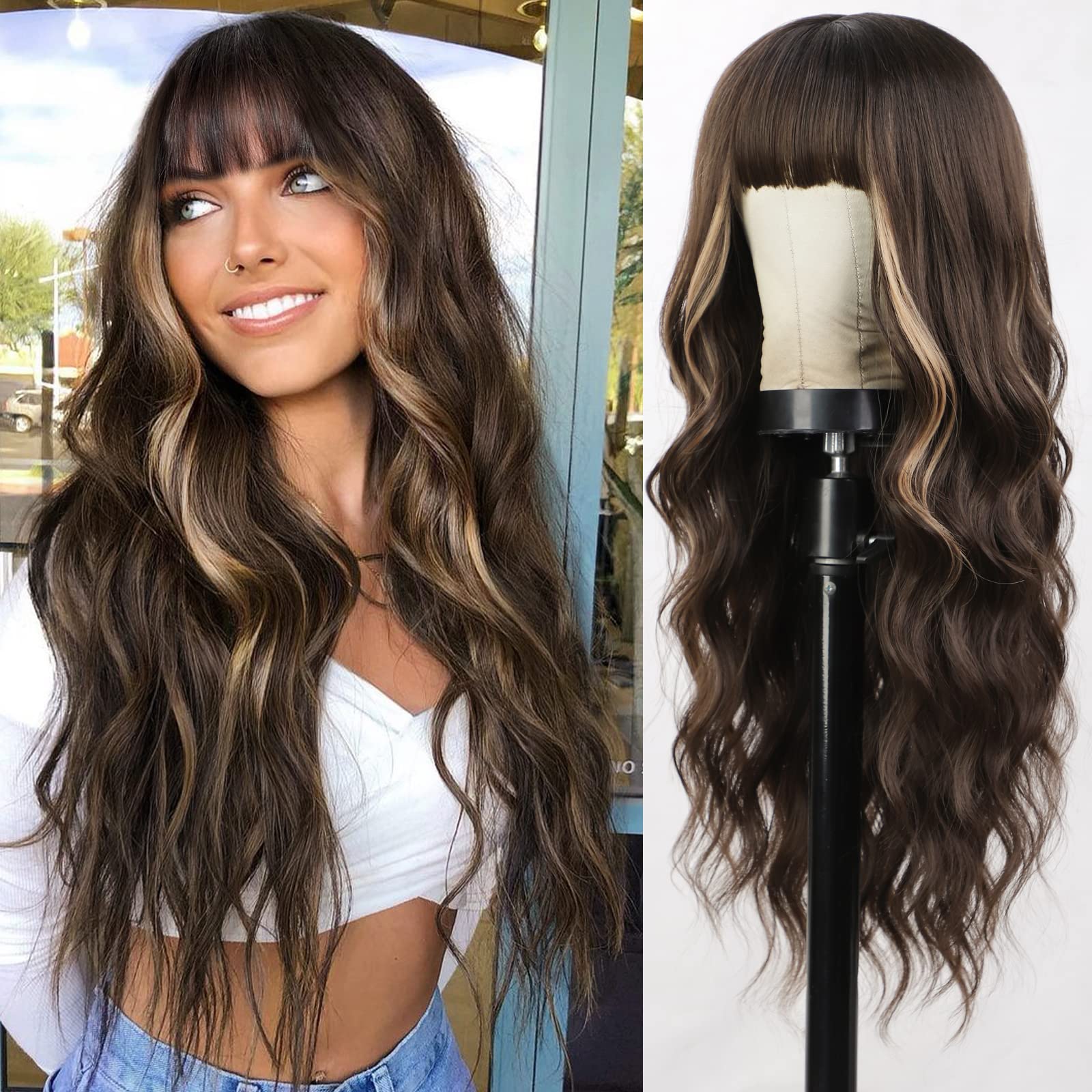 Photo 1 of Lativ Brown Wig With Bangs Long Wavy Brown Hightlight Wigs Natural Curly Synthetic Wig for Women Daily Party Use 26 Inches