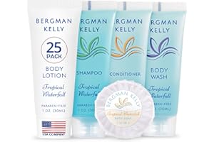 BERGMAN KELLY - Hotel Toiletries Bundle - Tropical Waterfall, 1 oz each, 125 Pieces - 5-Piece Set: 25 each Round Bar Soap, Shampoo, Conditioner, Body Lotion & Body Wash - Bulk Mini Guest Amenities