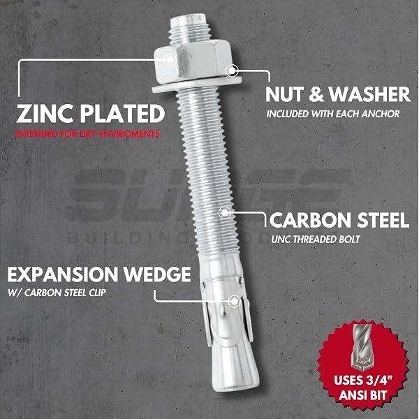 3/4″ X 5-1/2″ ZINC-PLATED WEDGE ANCHORS FOR CONCRETE AND CEMENT | HEAVY-DUTY 3/4 CONCRETE ANCHORS (BOX OF 20)