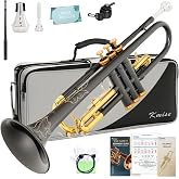 Kmise Bb Standard Trumpet, Premium Brass Trumpets for Student Beginner, Trumpet Instrument Set with Upgraded Case, 7C Mouthpiece, Mute, Beginner's Guide Kit, Cleaning Kit (Black &amp; Gold)