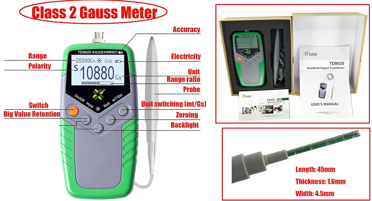 HFBTE TD8620 Permanent Gauss Meter Tesla Meter Gaussmeter with