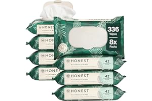 The Honest Company Flushable Wipes for Sensitive Skin | Fragrance Free, Hypoallergenic, 99% Water, Safe to Flush | pH Balanced Feminine Wipes | Tropical Leaves, 336 Count
