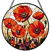 Hiuwevt Poppy Flower Suncatcher Stained Glass Window Hanging, Cottagecore Poppy Floral Sun Catchers Indoor Window Glass Wall Art Decor, Floral Round Wall Hanging Decorations, 7.9x7.9 inch