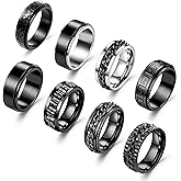 NICEIGHT 8Pcs Stainless Steel Spinner Rings for Men Women Black Fidget Rings for Anxiety Relief Band Rings Cool Chain Fashion Ring Set Size 7-13