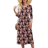 Heymoments Women's Casual 3/4 Sleeve Midi Dress Crewneck A Line Tiered Flowy Loose Travel Long Dresses with Pockets