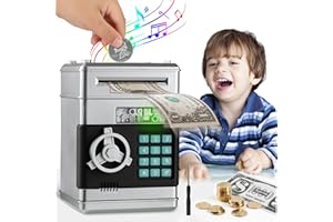 OUSCENE Piggy Bank Boalord for Boys Girls, Electronic ATM Password Piggy Bank Cash Coin Can Auto Scroll Paper Money Saving Box（Silver）