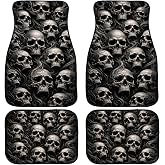 4 Piece Skull Car Floor Mats Full Sets Gothic Dark Skeleton Smoke Pattern Automotive Foot Mats Rugs Carpet for Car Non-Slip Auto Car Accessories Universal Fit for Car SUV Truck Van