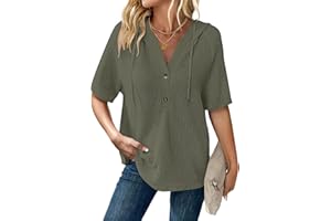 WNEEDU Womens Waffle Knit Tops Summer Short Sleeve Hoodies Drawstring Button V Neck Casual Lightweight Shirts New 2026