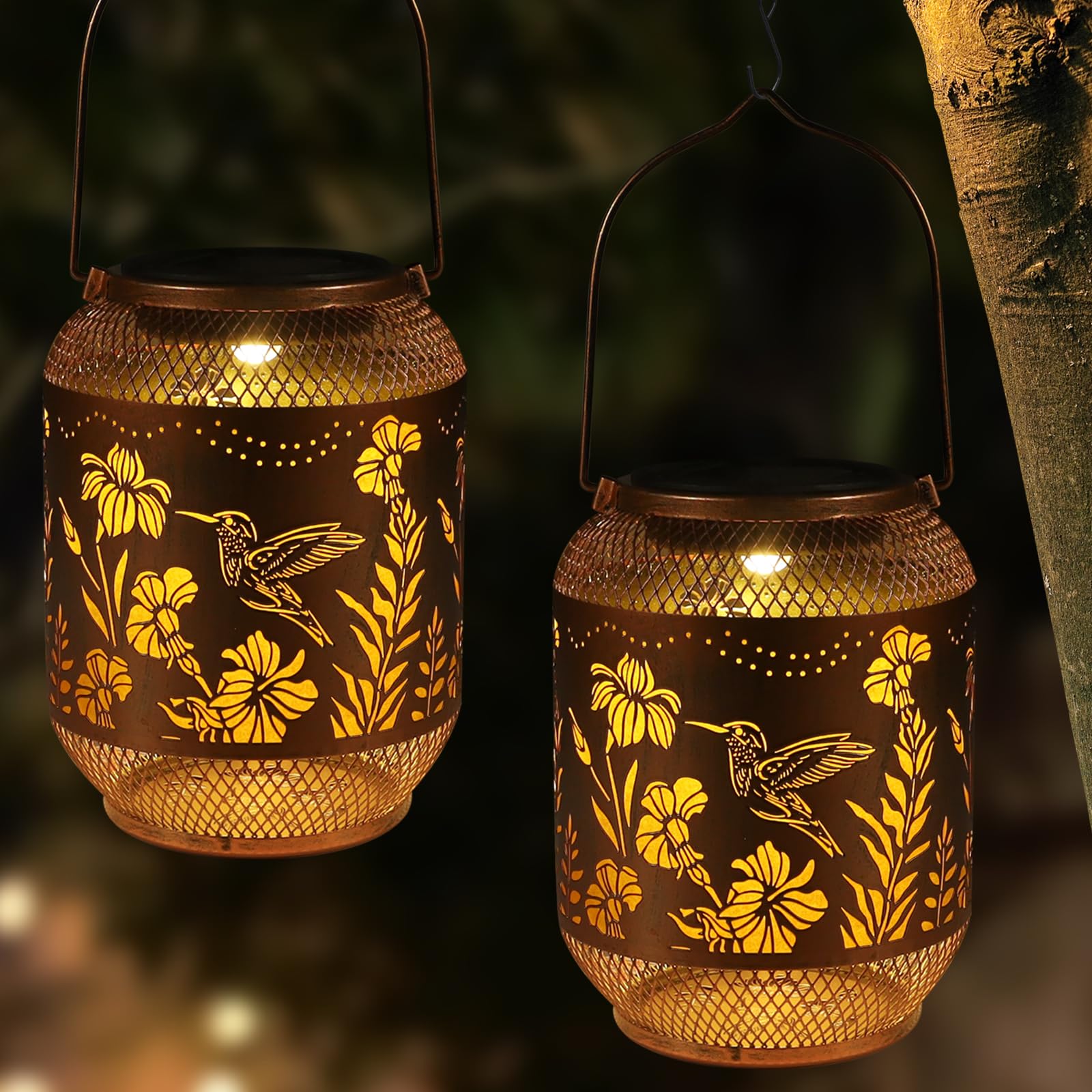 View 1 of 2 Pack Solar Lanterns Outdoor, Birthdays Gifts for Women Mom Grandma, Metal Waterproof Hanging Hollow Out Garden Decorative Solar LED Light for Yard, Patio, Lawn, Porch, Backyard (Hummingbird)