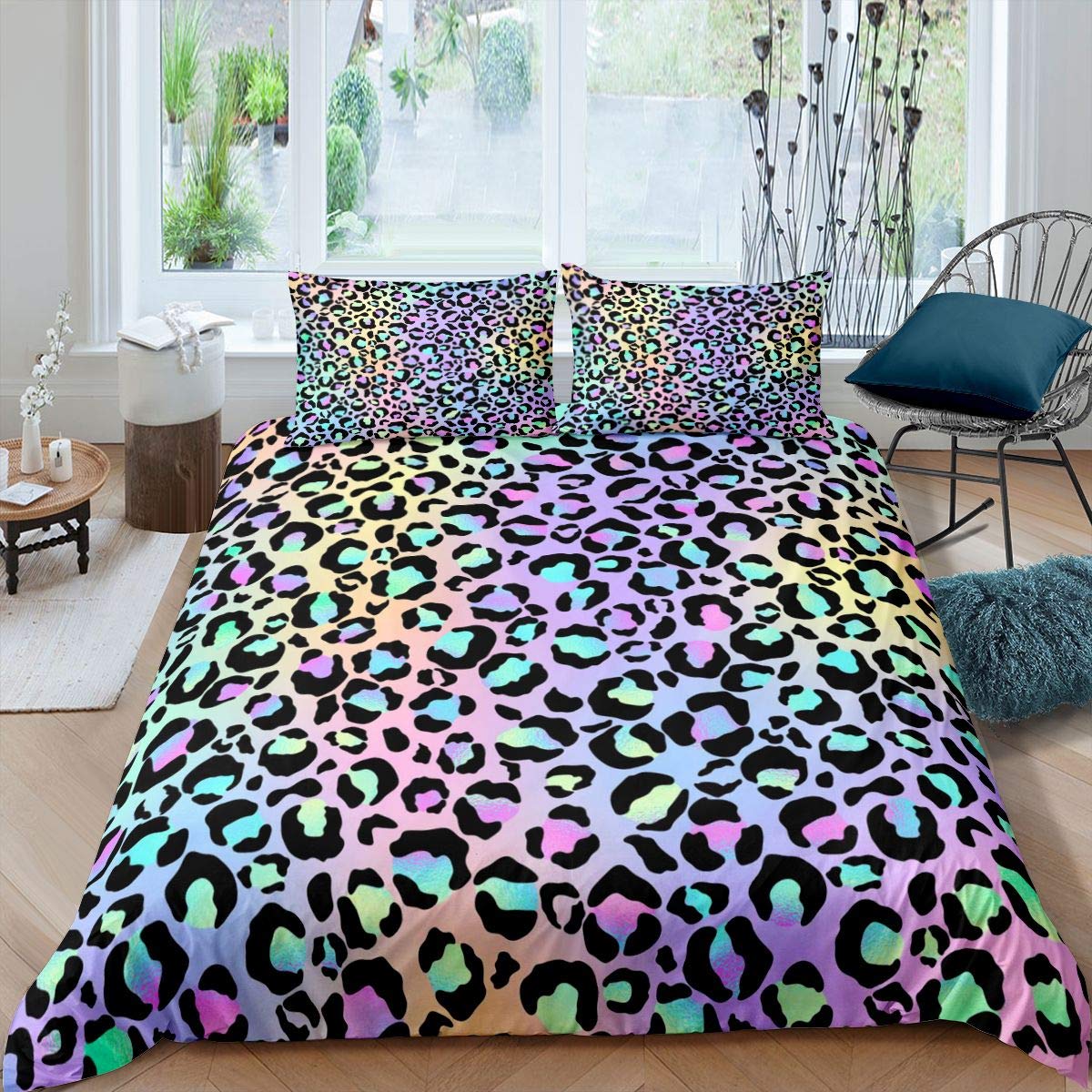 Leopard Comforter Cover Cheetah Bedding Set for Kids Girls Women Africa Leopard Duvet Cover Stylish Bright Colorful Animal Skin Bedspread Cover Double Size
