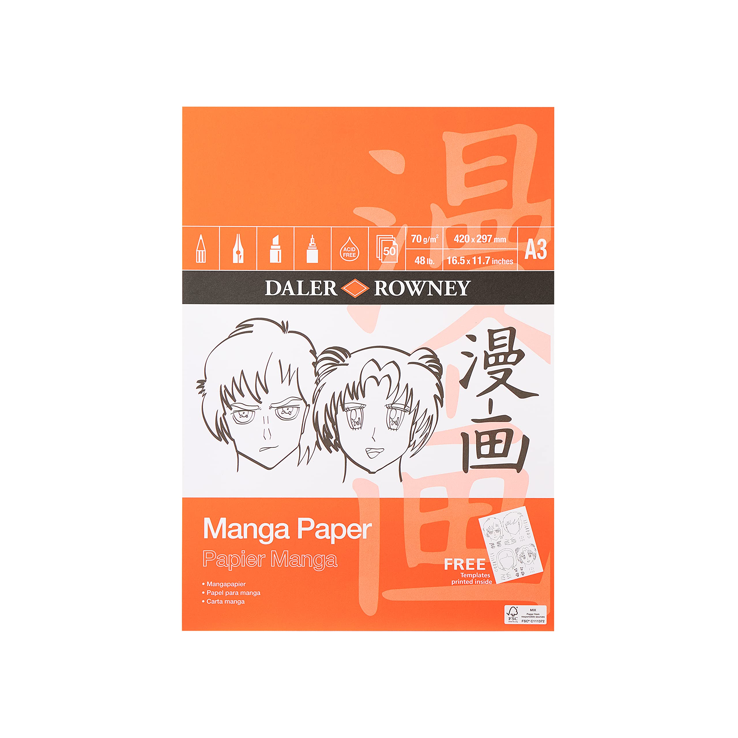 Daler-Rowney Manga Smooth Surface 70gsm A3 Marker Paper Pad, Glued 1 Side, 50 White Sheets, Ideal for Professional Artists & Students