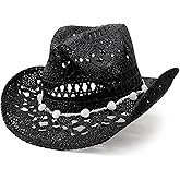 AQOKKA Straw Cowboy Hats for Women Men Western Cowgirl Hats with Shapeable Brim Woven Hollow Out Unisex Beach Roll Up Caps