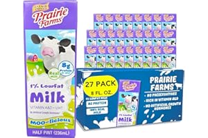 PRAIRIE FARMS DAIRY Prairie Farms 1% Percent Milk, Shelf Stable Low Fat Milk, Boxed & Ultra Pasteurized (UHT), Vitamin D - Preservative and Hormone Free, Kosher, Made in USA - 8 FL oz. (27 Pack)