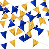 MARFOREVER Navy Blue Gold Pennant Banner, 30Pcs Metallic Fabric Triangle Flag Bunting Royal Blue Gold Party Hanging Decorations for Graduation Retirement Wedding Baby Shower Birthday Party Supplies