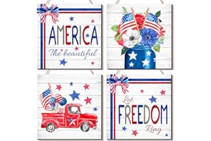 PURPEAK 4 Pcs 4th of July Sign Rustic Wood Decor Farmhouse Patriotic Decor America Wall Hanging Plaque Red Blue White Wooden Wall Decor for Home Front Door Kitchen Office School, 7.87 x 7.87 Inch