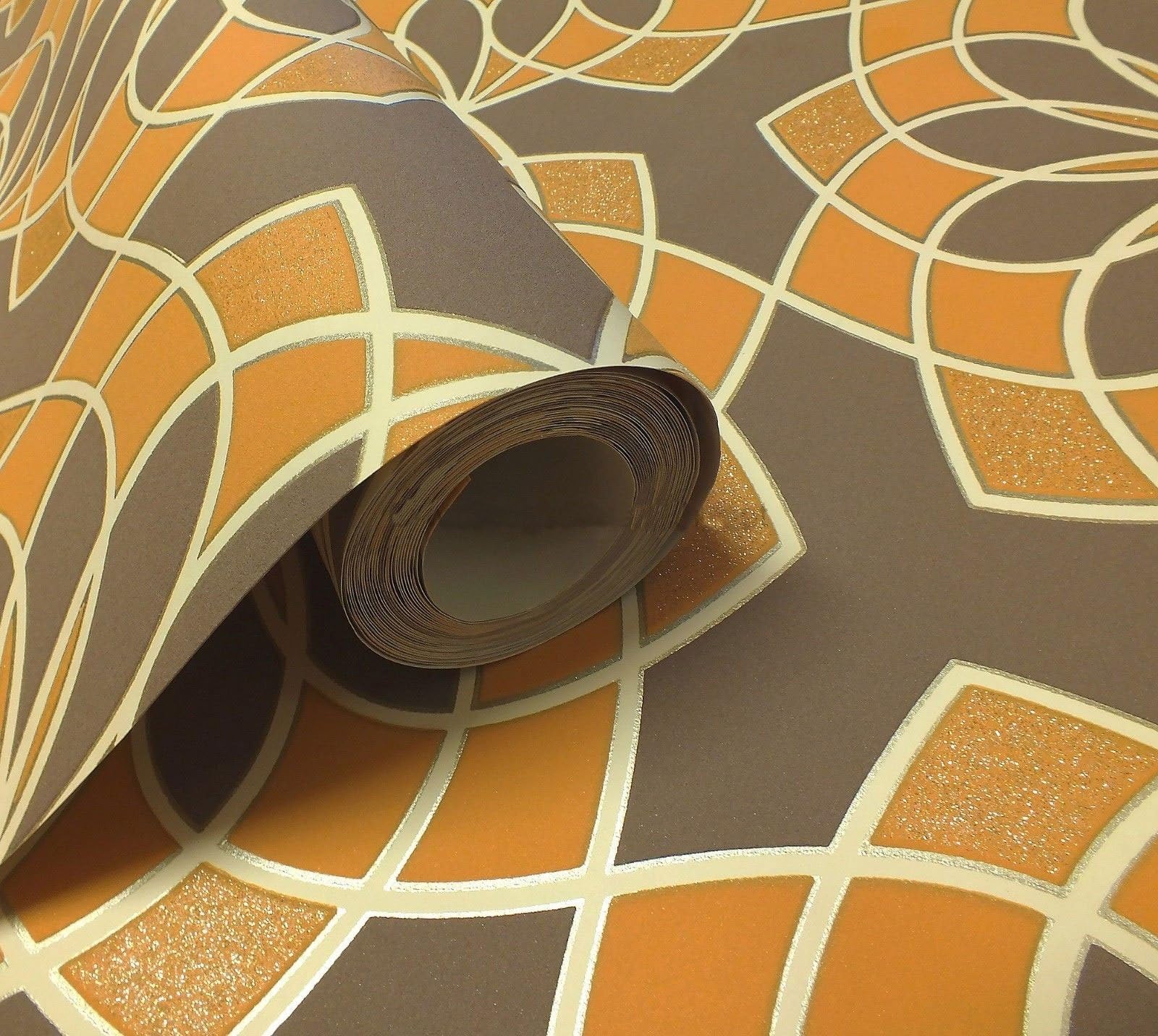 Geometric Wallpaper Modern Glitter Embossed Bold Funky Brown Orange White Rasch