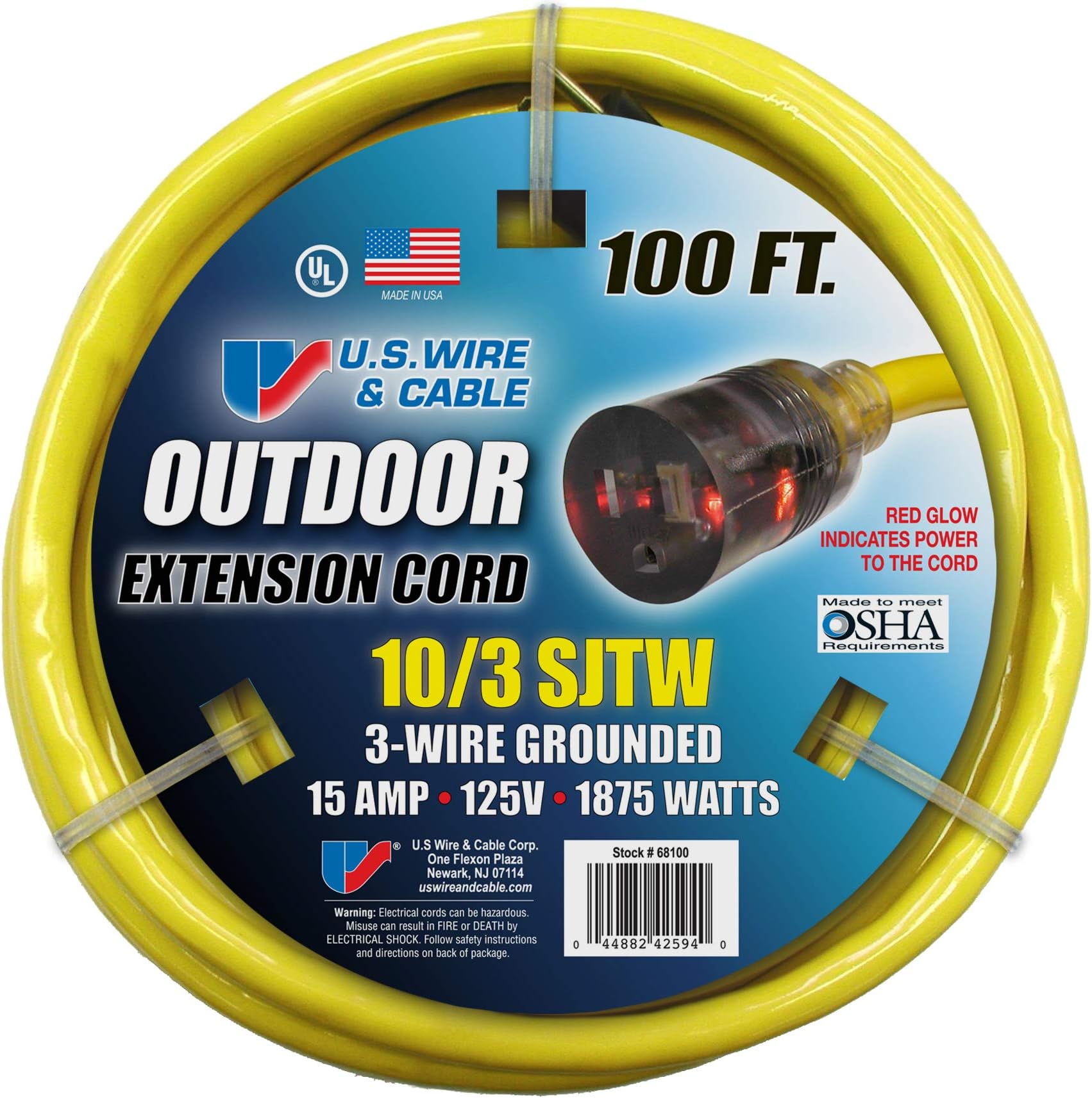 U.S. Wire 100 Ft. Single Tap Extension Cord w/ Lighted Ends, 10/3 Ga. SJWT-A, 300V, Yellow