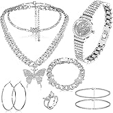 Landical 8 Pcs Big Butterfly Cuban Jewelry Set Rhinestone Link Chain Necklaces Pendant Bracelet Diamond Watch Hoop Earrings Ring Accessories for Women Hip Hop Jewelry