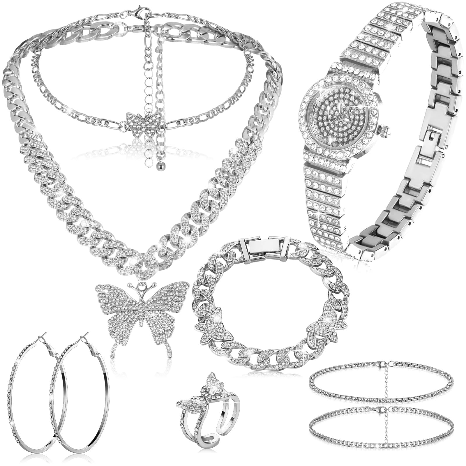 Photo 1 of Landical 8 Pcs Big Butterfly Cuban Jewelry Set Rhinestone Link Chain Necklaces Pendant Bracelet Diamond Watch Hoop Earrings Ring Accessories for Women Hip Hop Jewelry(Silver)