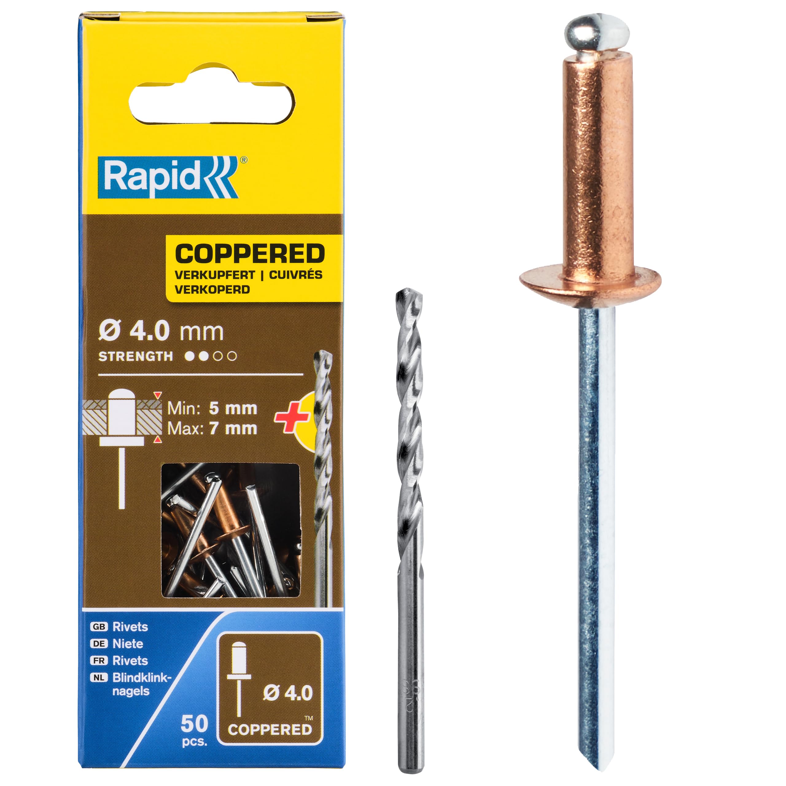 Rapid High Performance Copper Coated Aluminium Rivets, Ø4 x 10 mm - 4mm Rivets for Gutters, Piping, and Sheet Metal - Includes Drill - 50 Pieces, Carton Boxed (5001462)