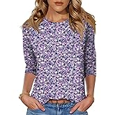 LOMON 3/4 Length Sleeve Womens Tops Spring Summer Fashion 2026 Tops Crew Neck Pleated Shirts Tunic Top Loose Fit