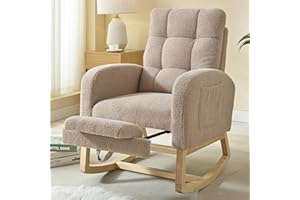 NIOIIKIT Modern Nursery Rocking Chair, Teddy Upholstered Rocking Chair with Footrest, Comfortable Rocker Chair with Side Pocket, Rocker Chair for Living Room, Bedroom, Nursing Room (Brown)