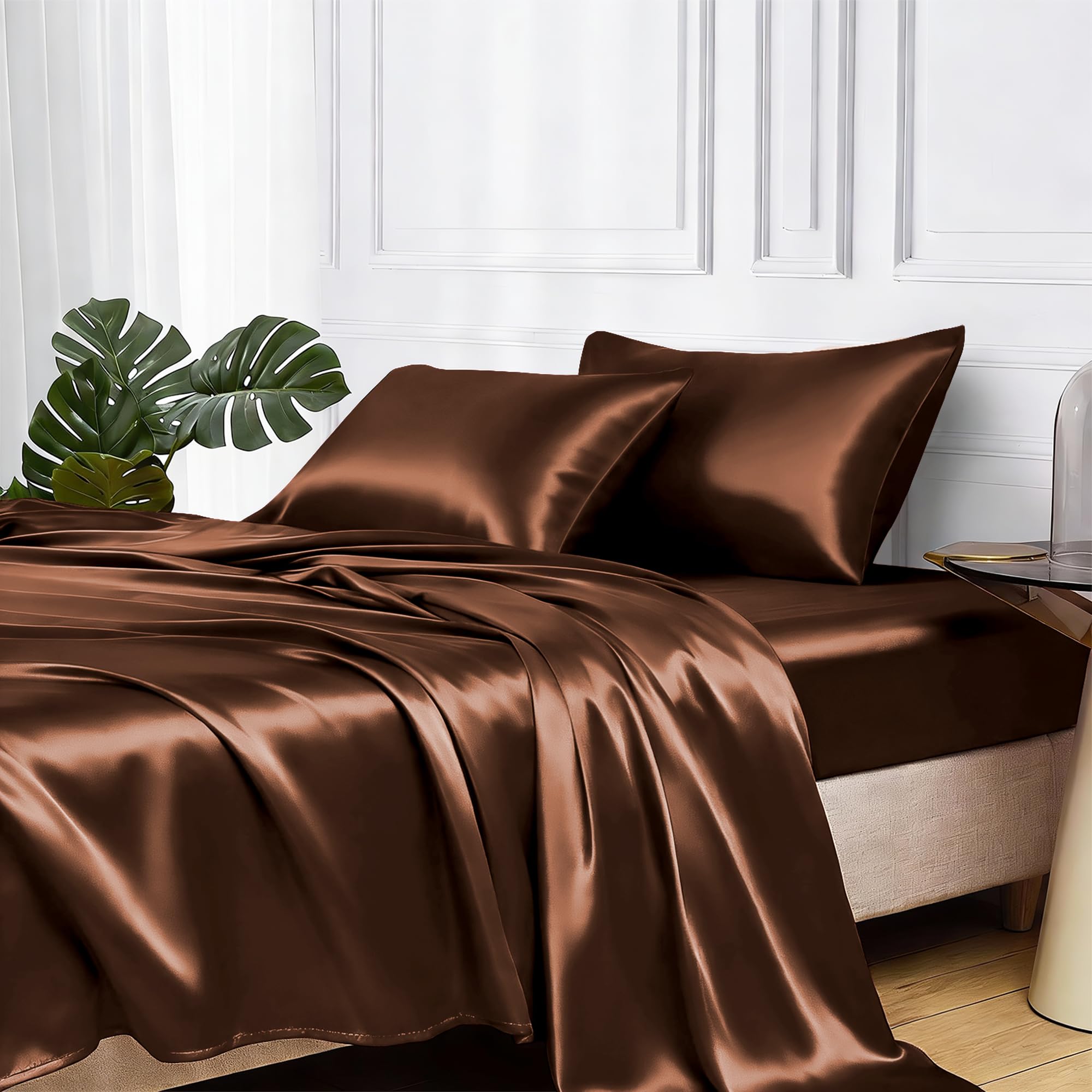 View 1 of MR&HM Satin Bed Sheets, Queen Size Sheets Set, 4 Pcs Silky Bedding Set with 15 Inches Deep Pocket for Mattress (Queen, Brown)