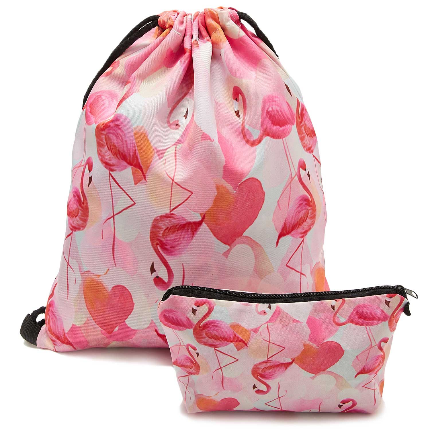 TUONROAD Cute Drawstring Dance Bag Small Cinch Sack Cosmetic Hot Pattern Pink Flamingo Orange White Heart Shape Pouch Cosmetic and Toiletry Bags Gift for Girls Ladies Shopping Jogging