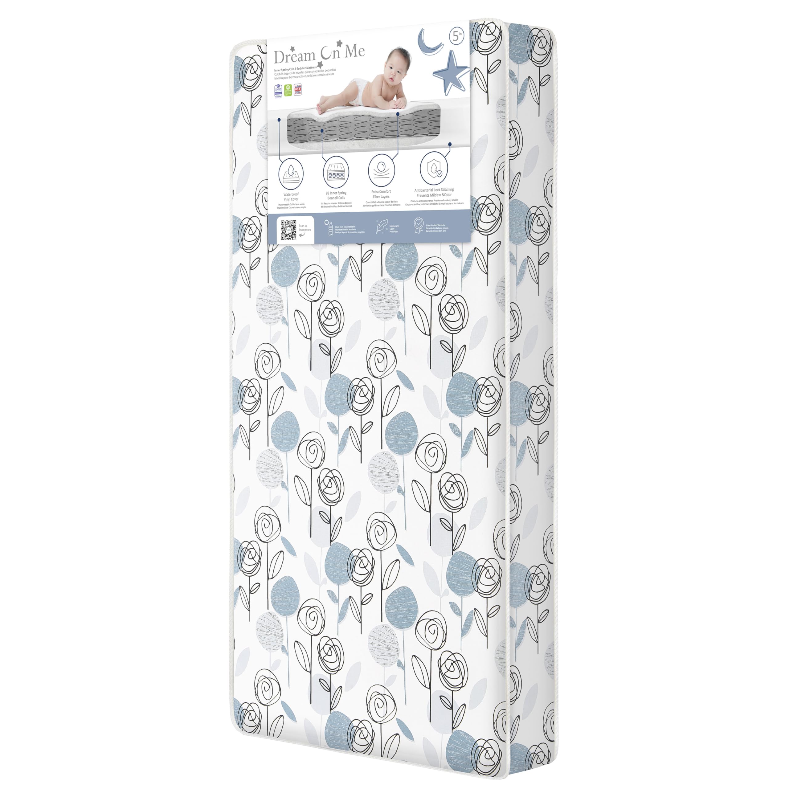 Dream On Me Nap Nest Crib and Toddler Mattress, Dual-Sided - Infants & Toddlers, Waterproof 5” Mattress with 88 Interwoven Coils, 75% Recycled Fiber, GREENGUARD Gold & BSA Certified – Teal Flowers Image