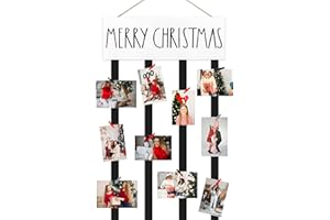 Rmeosye Christmas Card Holder Farmhouse Merry Christmas Photo Display Xmas Wooden Wall Hanging Sign with 24 Clips for DIY Rustic Picture Frames Collage Holiday Home Decor Indoor Decoration (White)