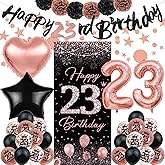 23rd Birthday Decorations for women, TSVATE Rose Gold Happy 23rd Birthday Decorations, Happy 23 rd Banner, Twenty Three Backdrop for Yard Door Wall, 23 Balloons, Pompoms, Star Streamer