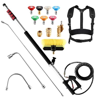 RIDGE WASHER 24 FT Telescoping Pressure Washer Wand, Power Washer Extension Wand with Brush, Telescopic Gutter Cleaner with 3 Stainless Steel Curve Wands, Adjustable Support Belt, 7 Nozzles, 4000 PSI
