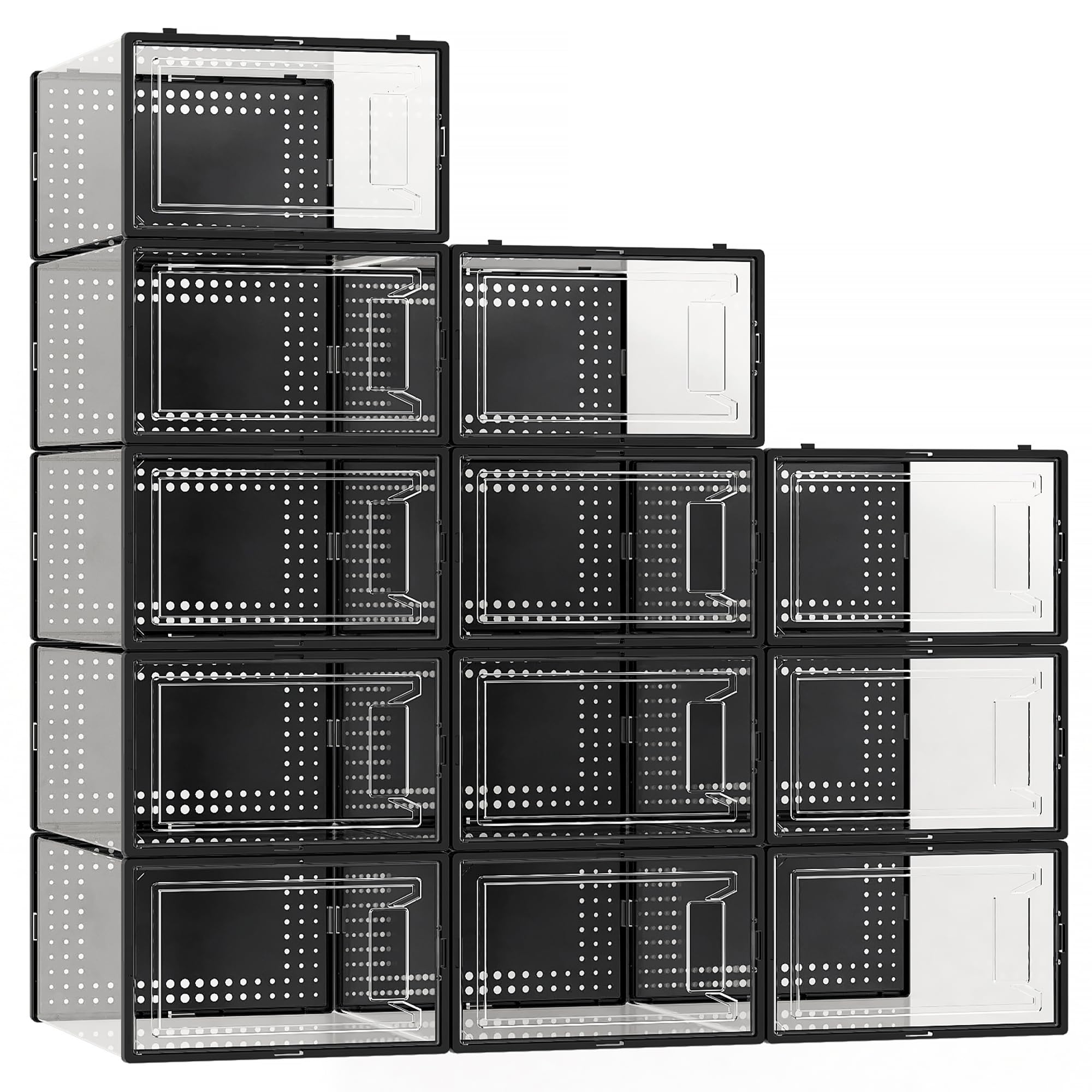 Photo 1 of 12 Pack Large Shoe Organizer Storage Boxes for Closet, Modular Space Saving Shoe Boxes Clear Plastic Stackable Sneaker Containers Display Case with Lids, Black