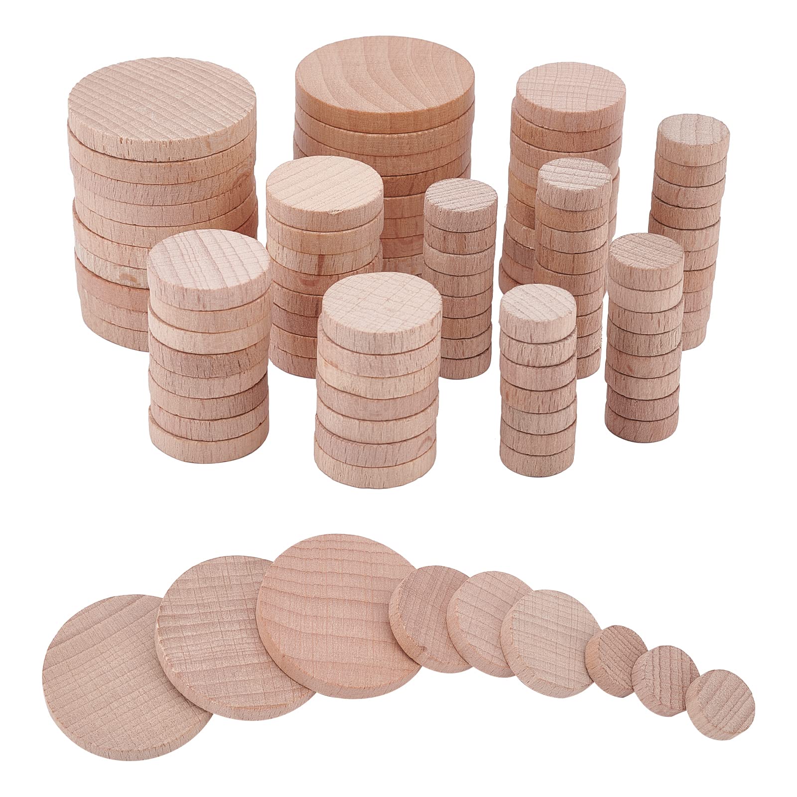 NBEADS 120 Pcs 3 Styles Beech Wooden Pieces, 1.5cm/2.5cm/4cm Unfinished Wood Circles Round Slices Wooden Cutouts Ornaments for DIY Crafts Painting Wedding and Home Decoration — image 1